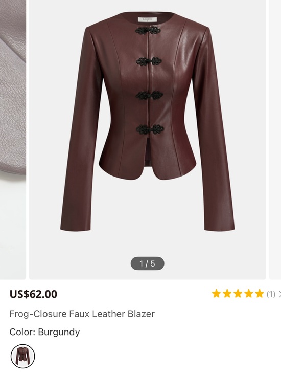 Commense Jackets & Blazers - Commense Burgundy Faux Leather Blazer with Frog Closures